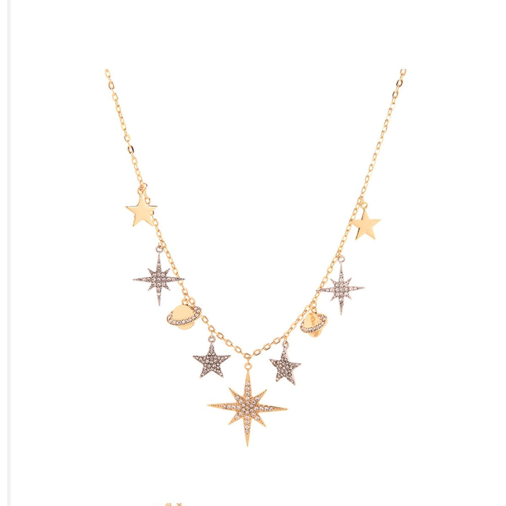 Goldtone Crystal Star Planets Necklace - White