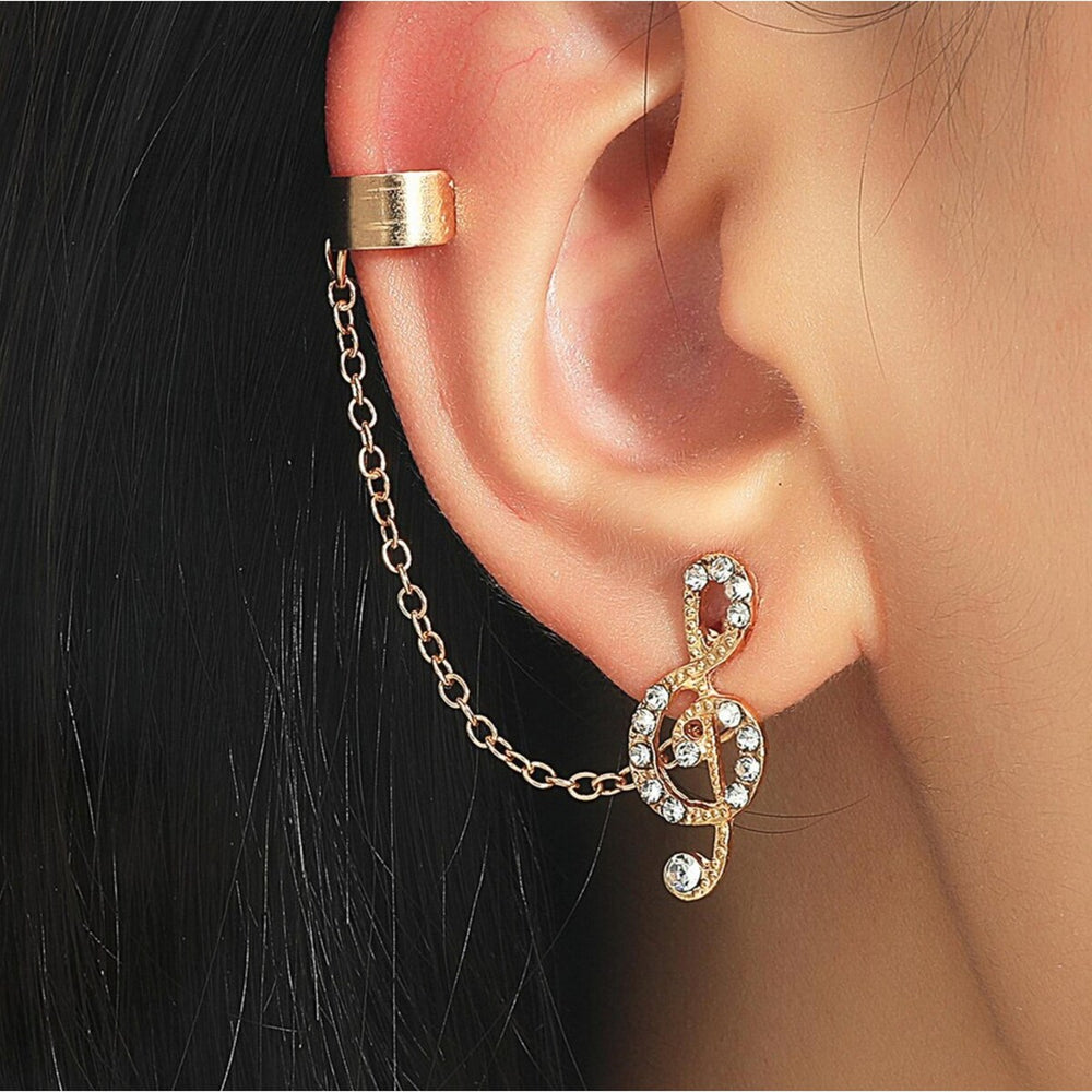 Goldtone Crystal Treble Clef Music Stud And Ear Cuff