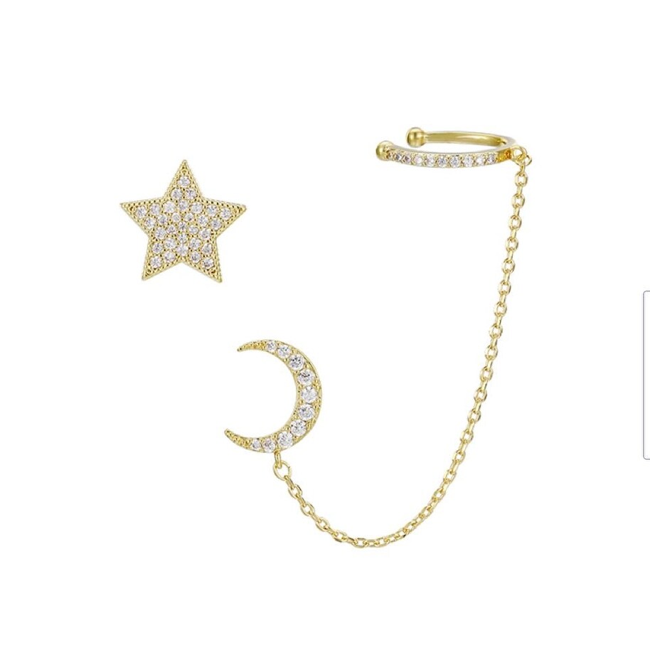 Goldtone Cubic Zirconia Asymmetrical Star And Moon Earring Set