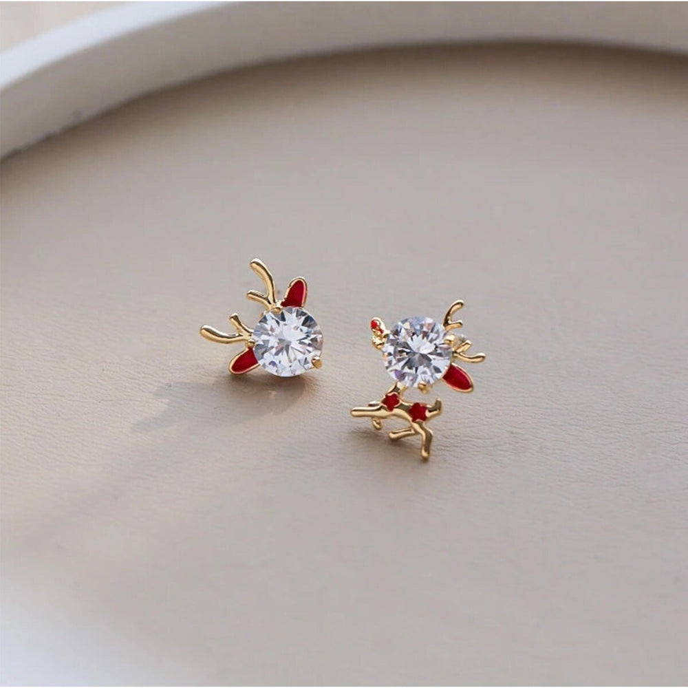 Goldtone Cubic Zirconia Reindeer Asymmetrical Stud Earrings