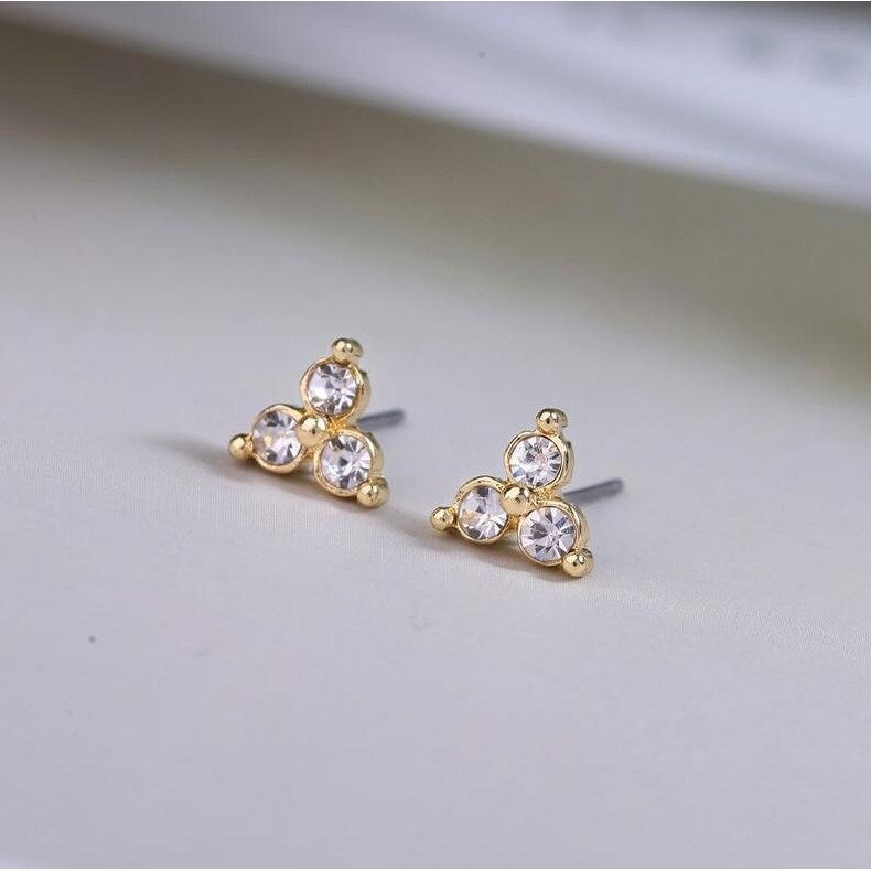 Goldtone Dainty Triplet Crystal Stud Earrings