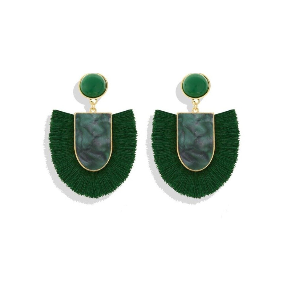 Goldtone Deep Green Statement Tassel Earrings