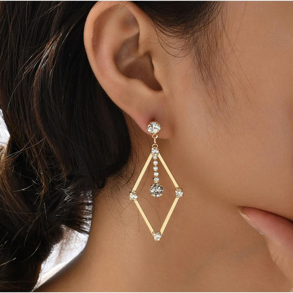 Goldtone Diamond Shaped & Clear Crystal Dangle Drop Earrings