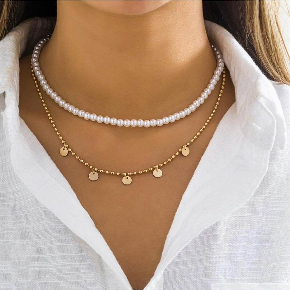 Goldtone Disc & Faux Pearl Layered Necklace - White