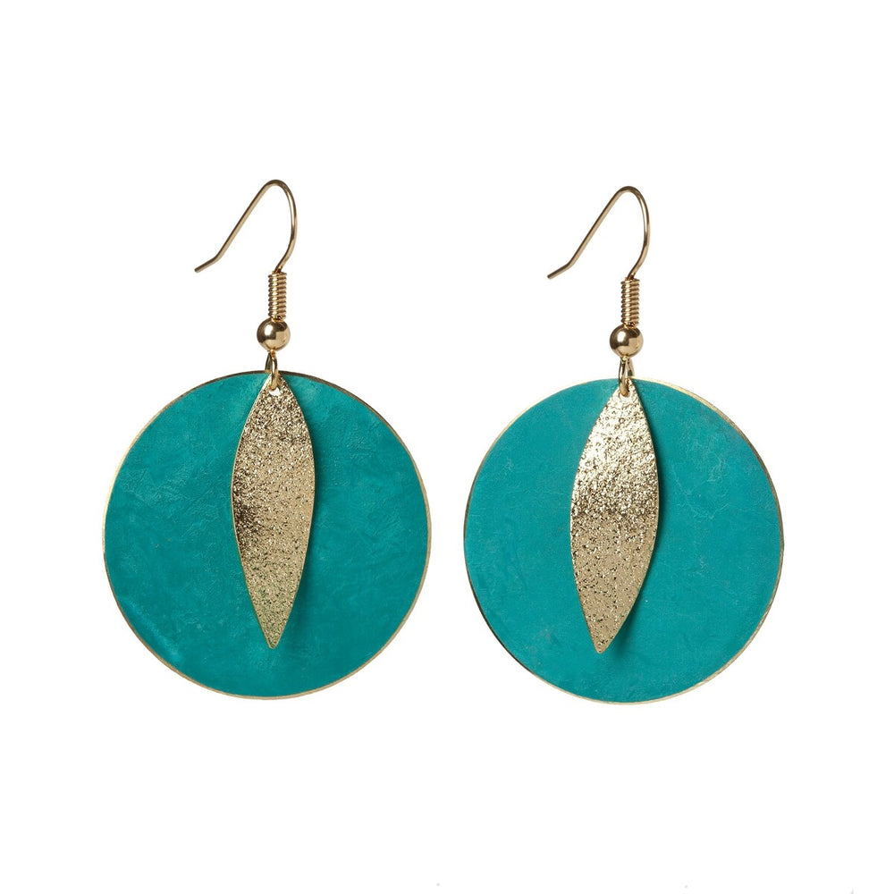 Goldtone Disk Drop Earrings In Turquoise Patina With Gold Leaf Accent