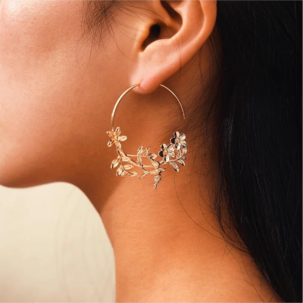 Goldtone Floral Hoop Earrings