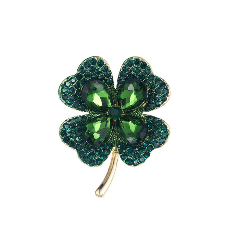 Goldtone Four Leaf Clover Brooch In Emerald