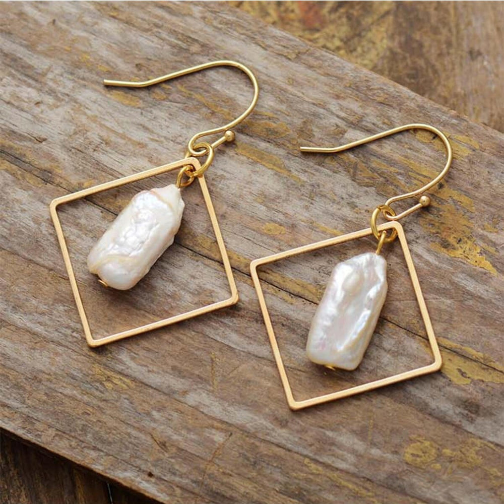 Goldtone Freshwater Pearl Geometric Drop Earrings