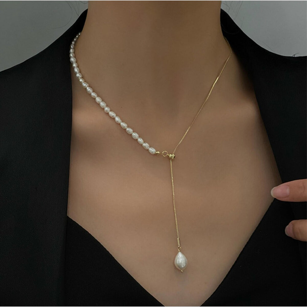 Goldtone Freshwater Pearl Lariat Style Necklace - White