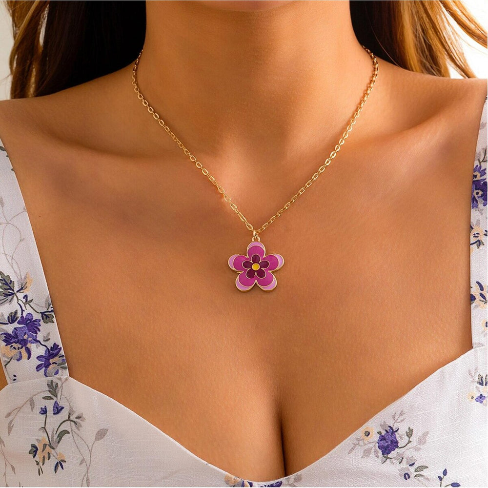 Goldtone Fuchsia Purple Flower Pendant Necklace - White