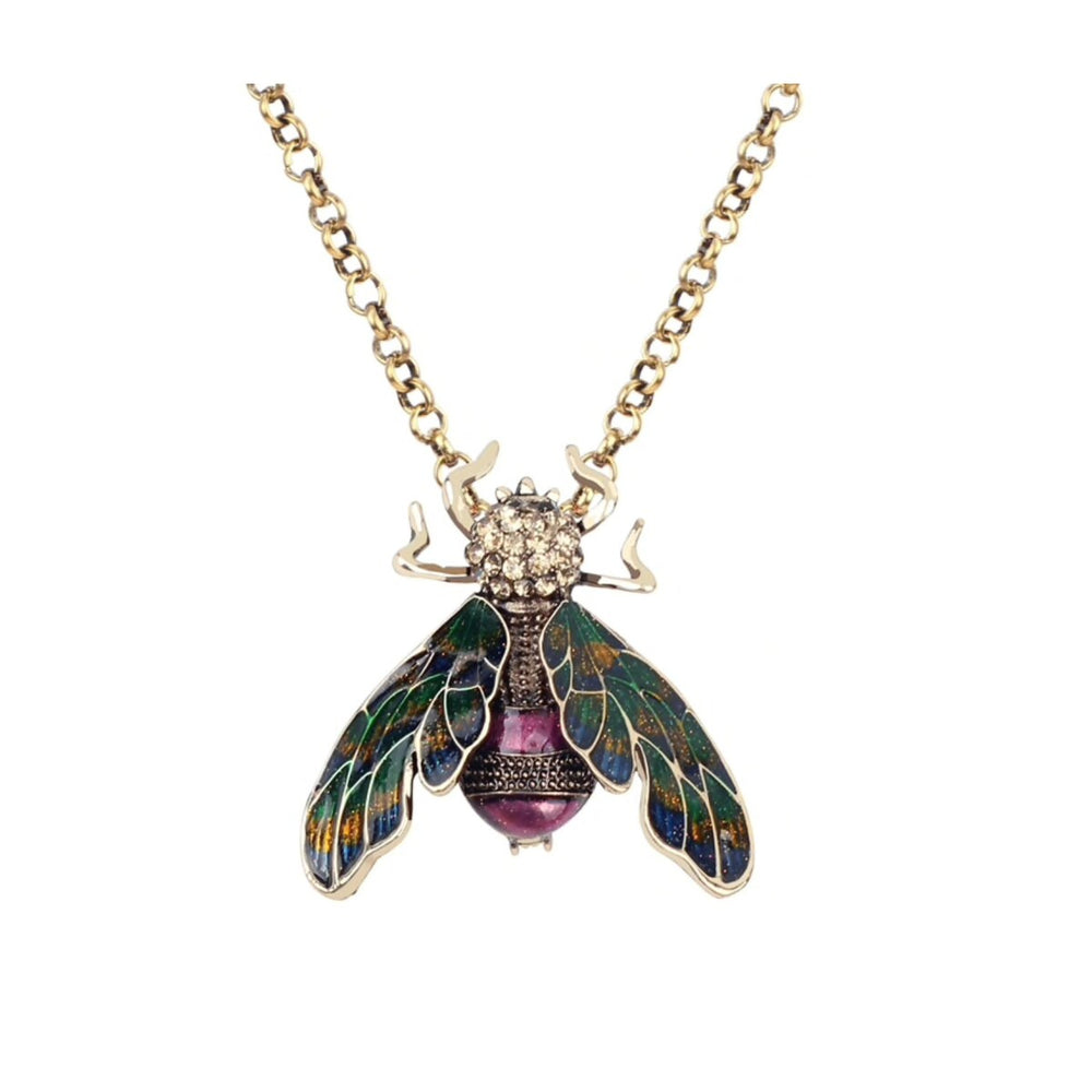 Goldtone Green Bee Pendant Necklace - White