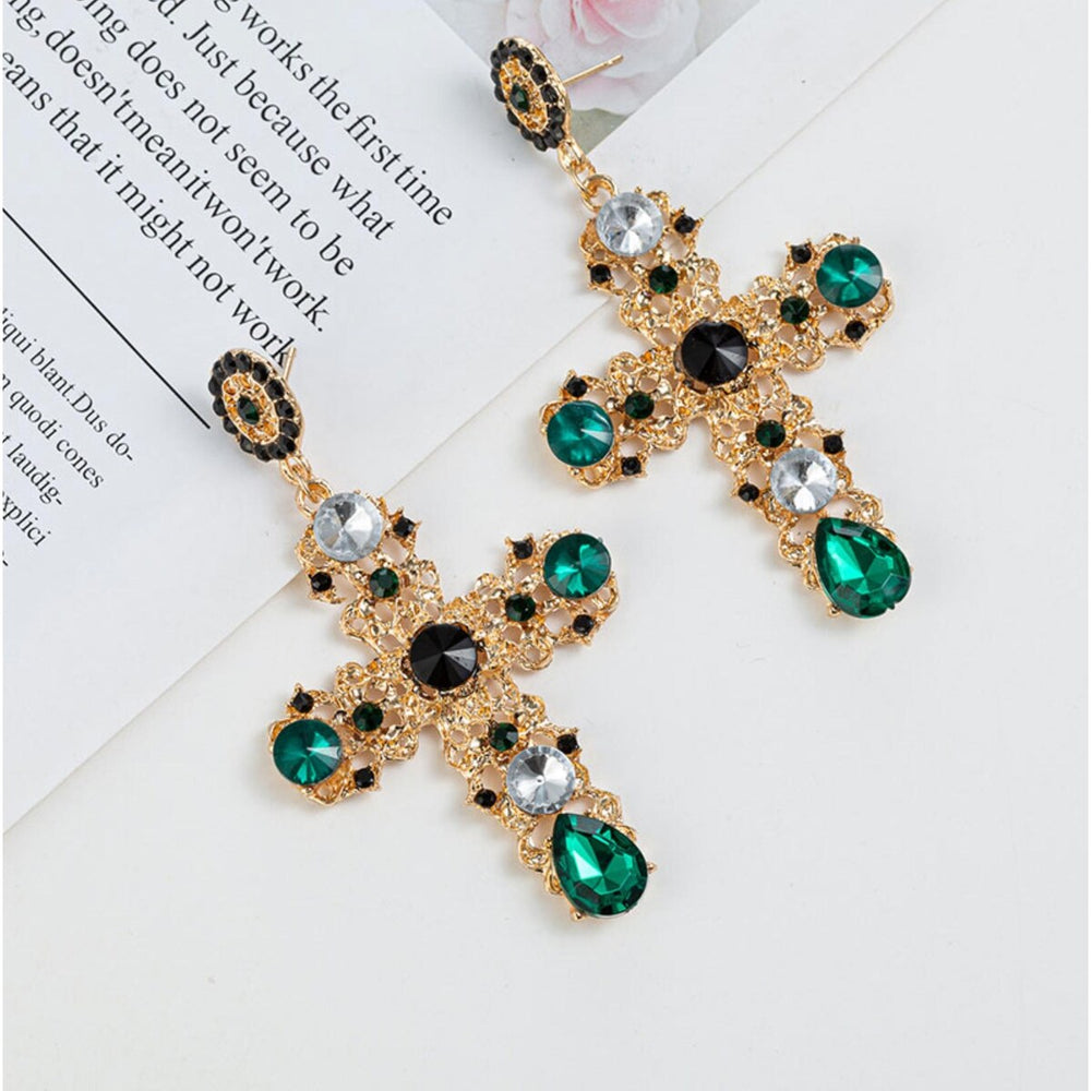 Goldtone Green Black Crystal Baroque Cross Statement Earrings