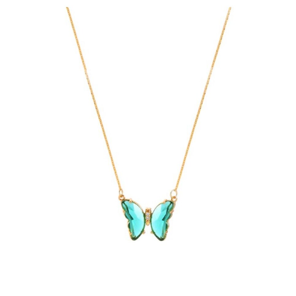 Goldtone Green Crystal Butterfly Necklace - White