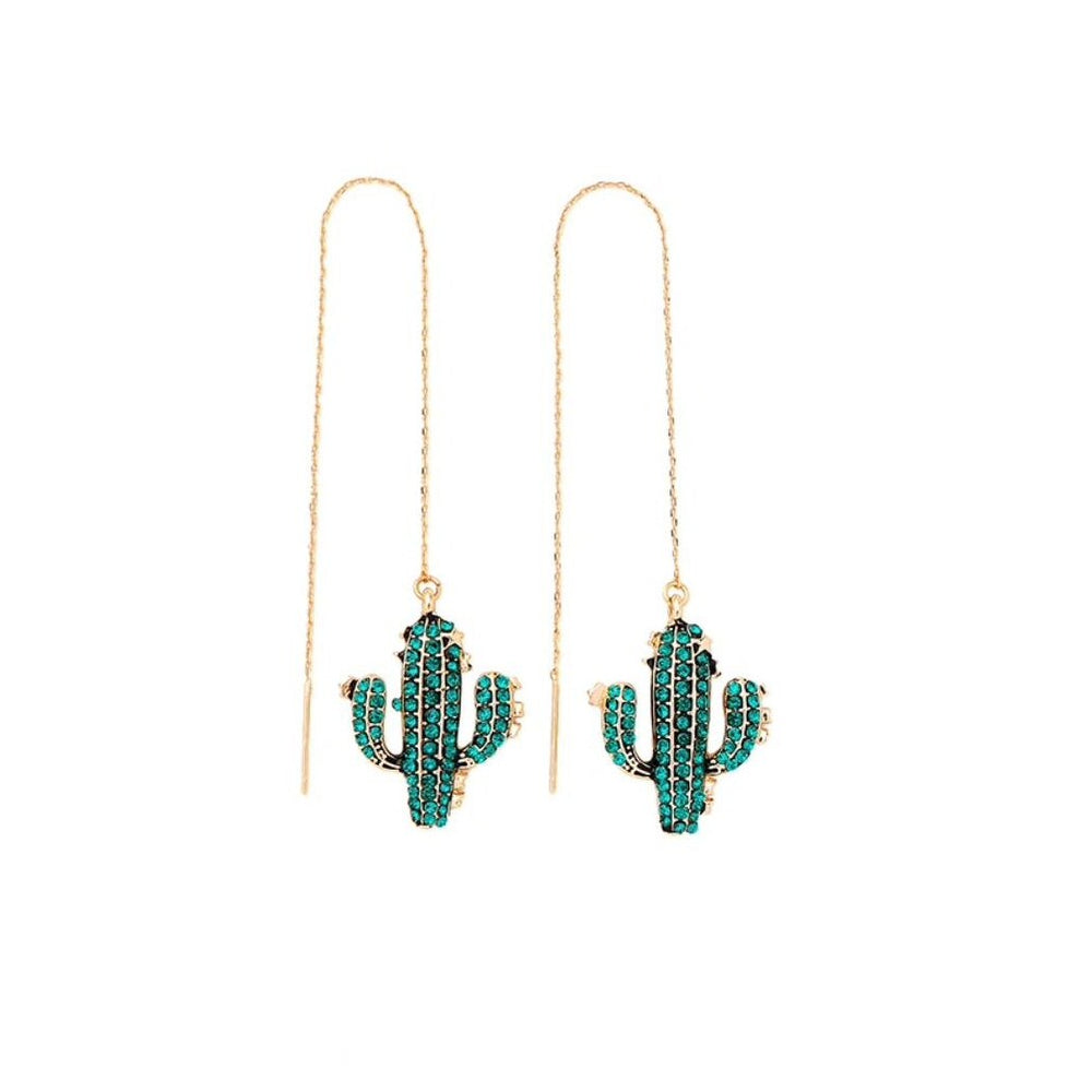 Goldtone Green Crystal Cactus Threader Earrings