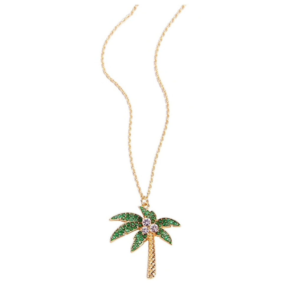 Goldtone Green Crystal Palm Tree Pendant Necklace - White