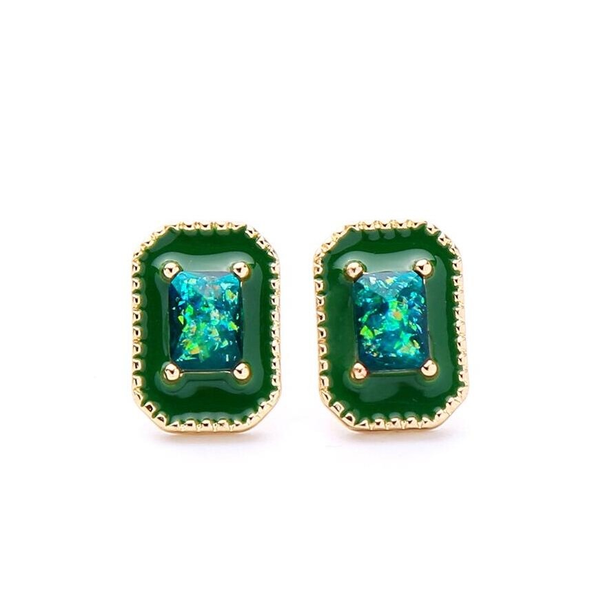 Goldtone Green Paua Stone Rectangular Stud Earrings