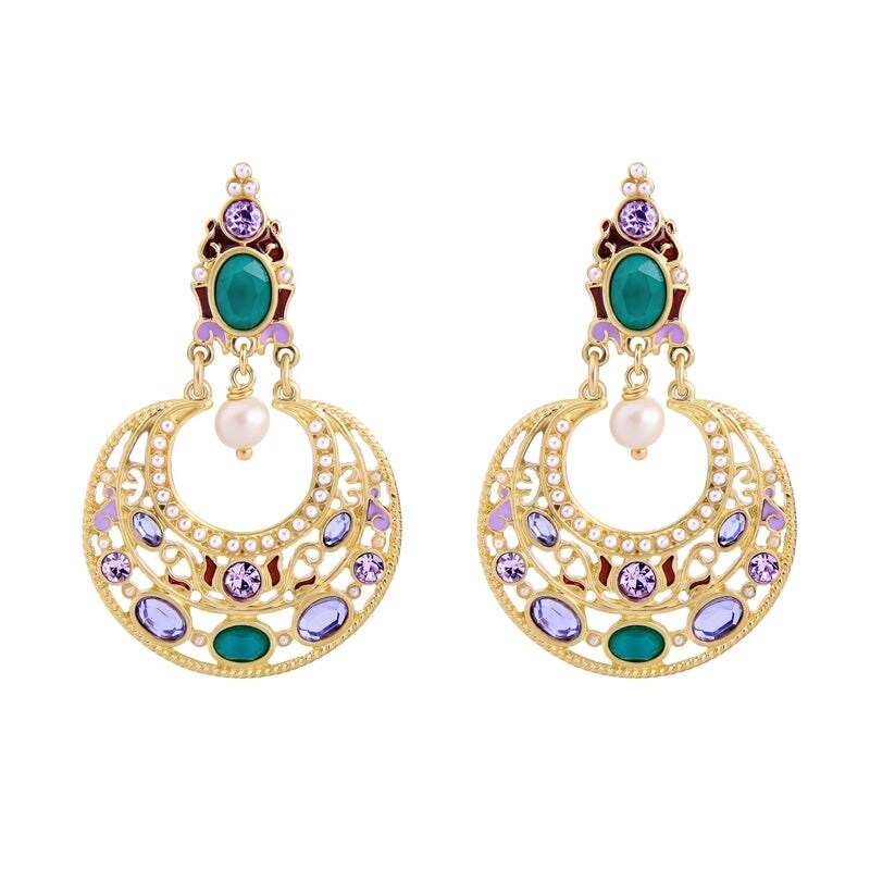 Goldtone Green Purple Crystal Chandelier Drop Earrings