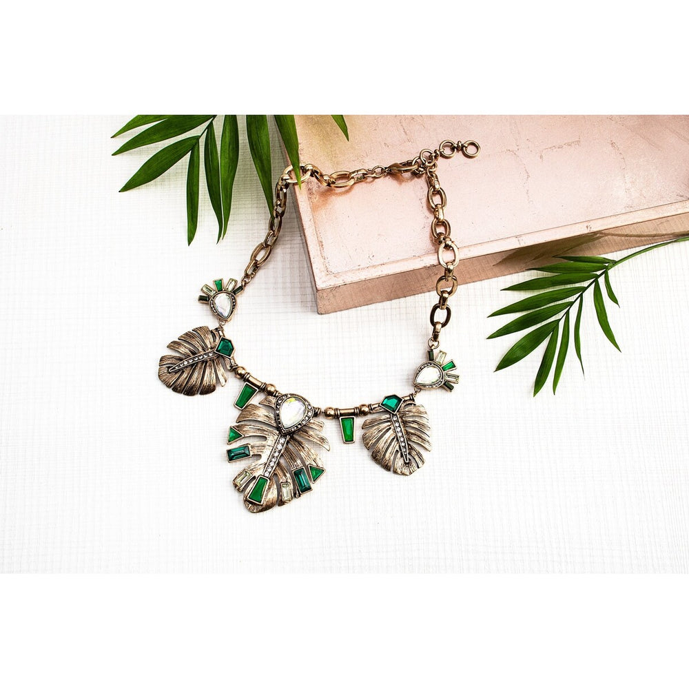 Goldtone Green Statement Leaf Necklace - White