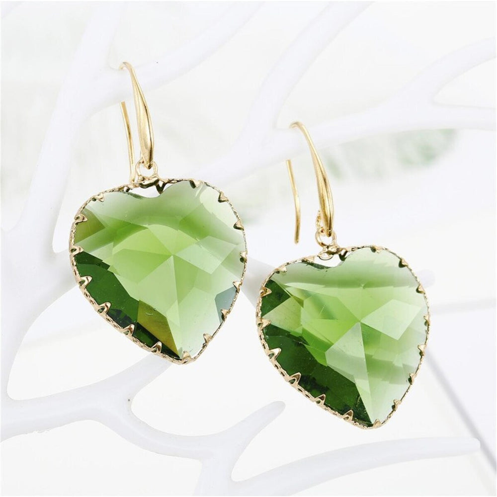 Goldtone Green Transparent Heart Earrings