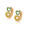 Goldtone Green Yellow Dual Heart Huggie Earrings