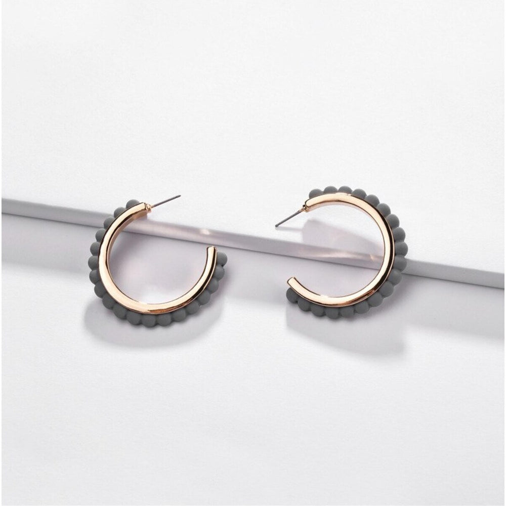 Goldtone Grey Beaded Hoop Earrings