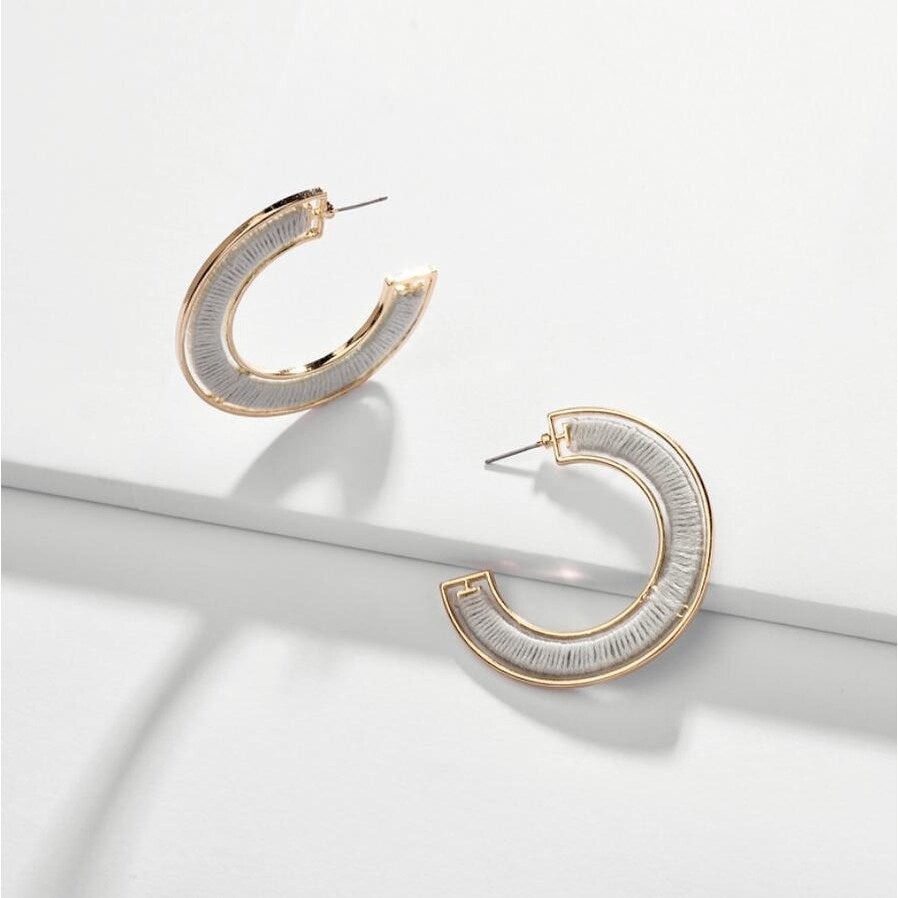 Goldtone Grey Threaded Hoop Earrings