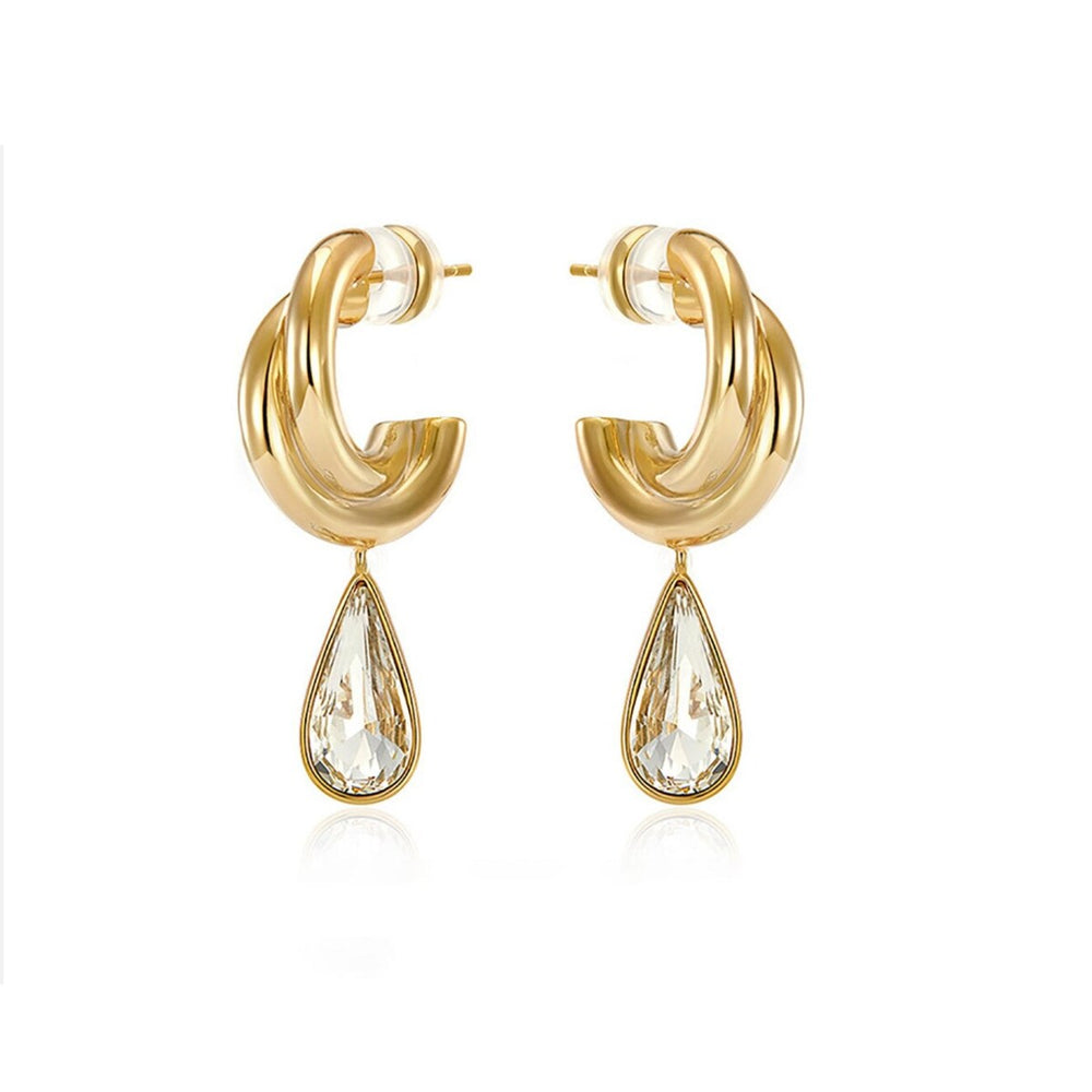 Goldtone Hoop Earrings With Teardrop Crystal