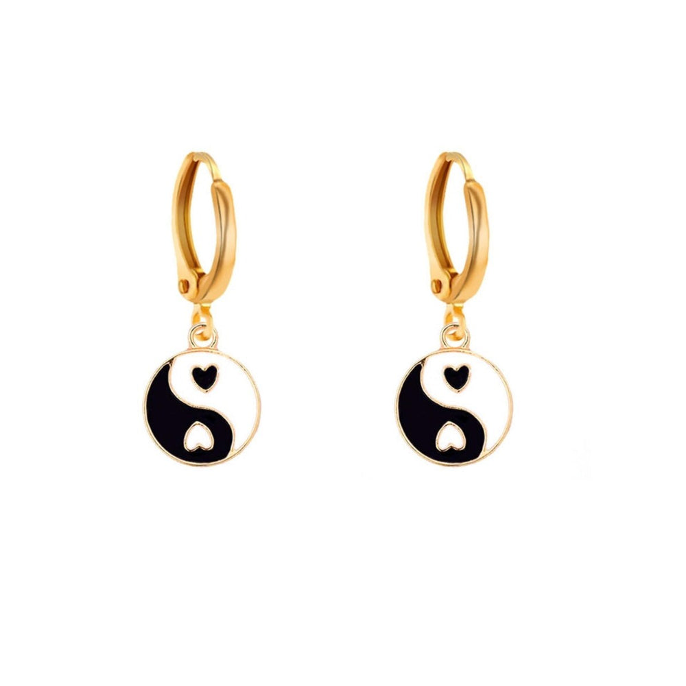 Goldtone Huggie Heart Yin Yang Earrings