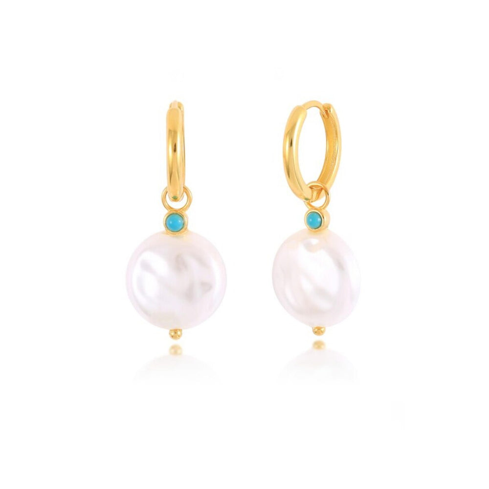 Goldtone Huggie Hoop Earrings With Imitation Pearl And Turquoise Detail