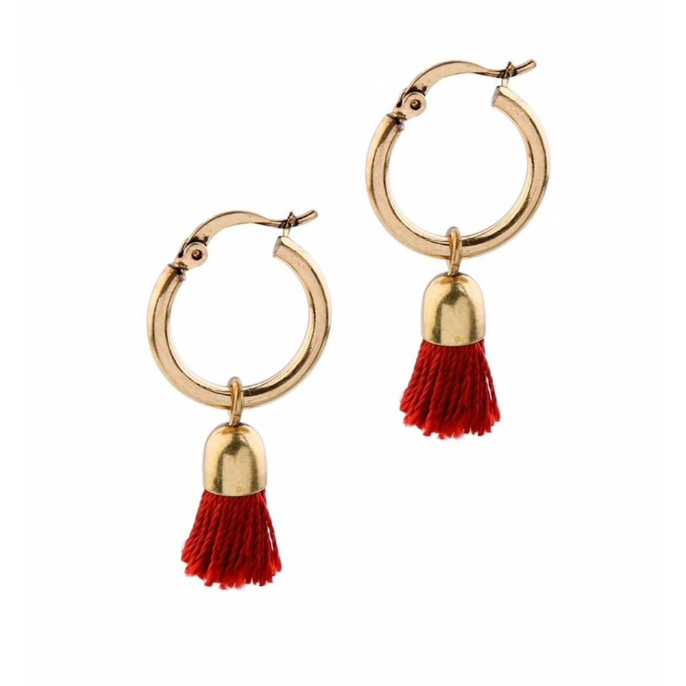 Goldtone Huggie Hoop Earrings With Red Tassels