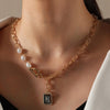 Goldtone Imitation Pearl And Grey Rectangular Crystal Pendant Necklace - White