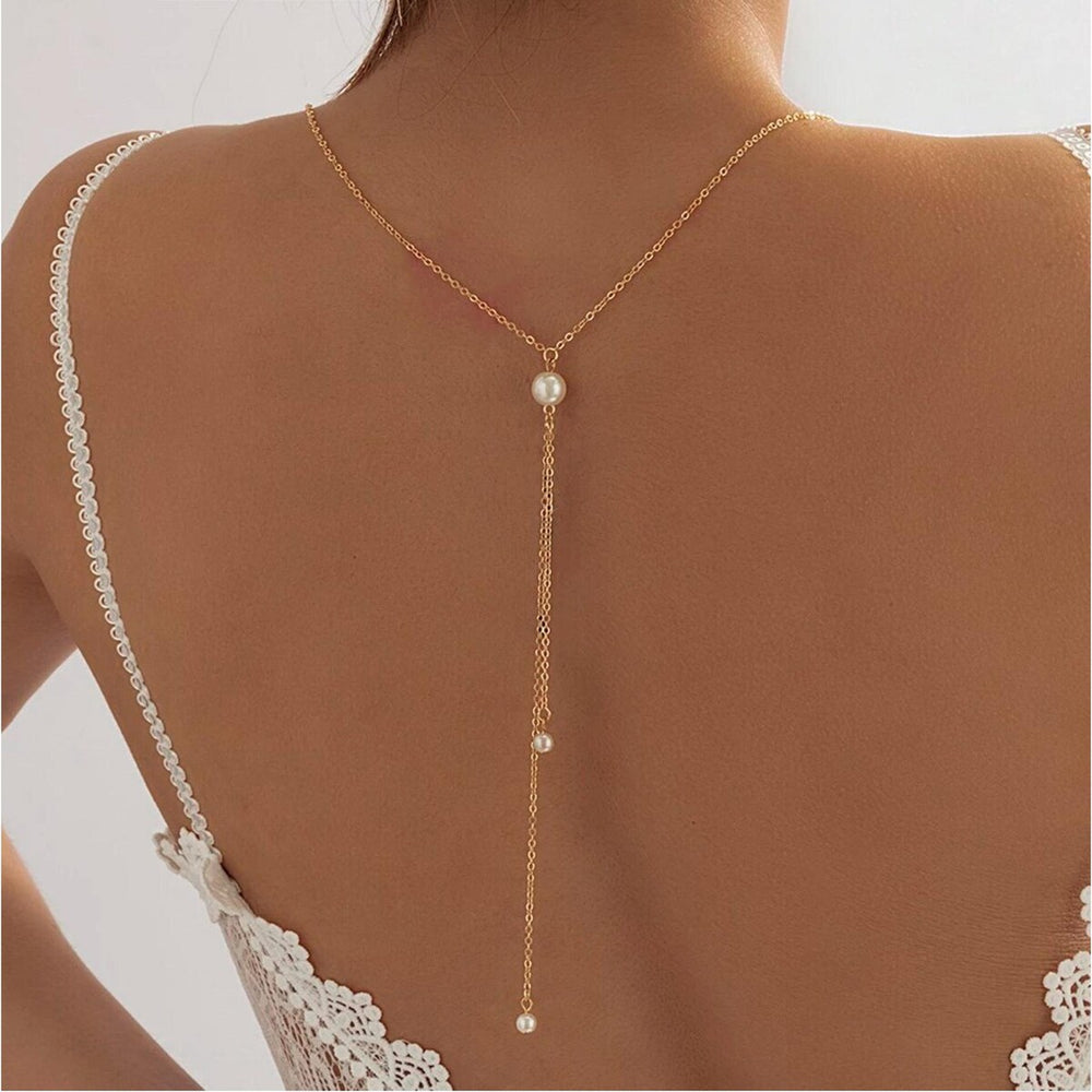 Goldtone Imitation Pearl Back Drop Necklace - White