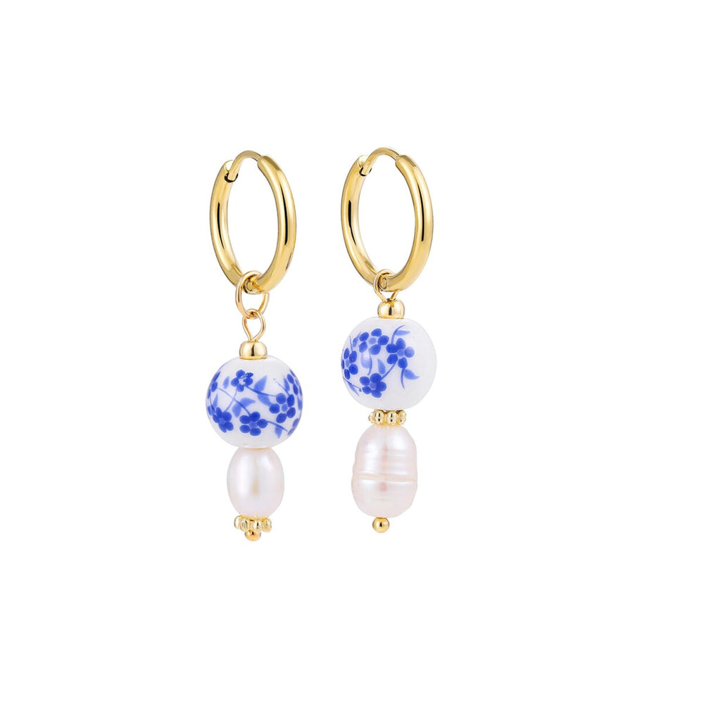 Goldtone Imitation Pearl Blue Floral Huggie Hoop Earrings