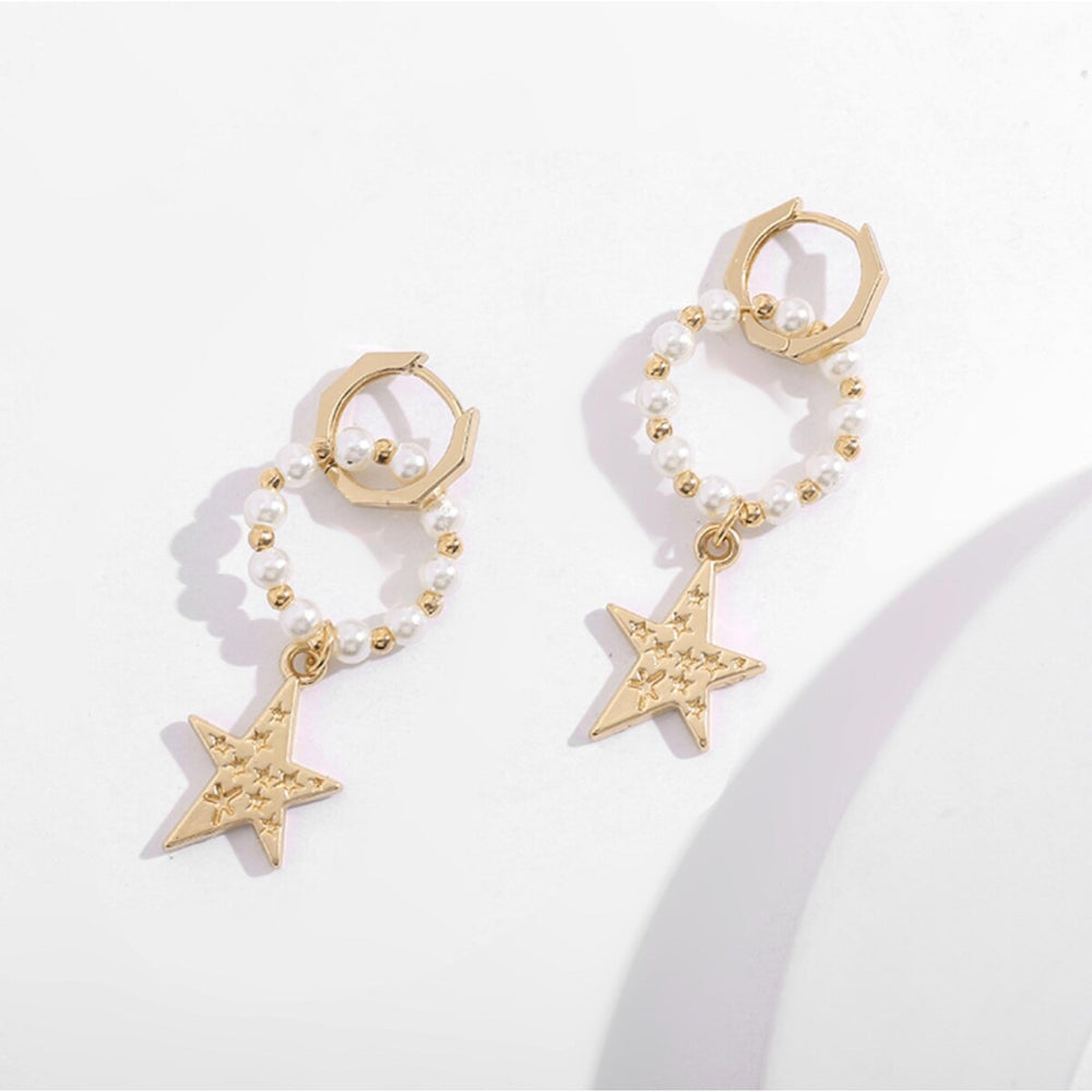 Goldtone Imitation Pearl Circular And Star Drop Earrings