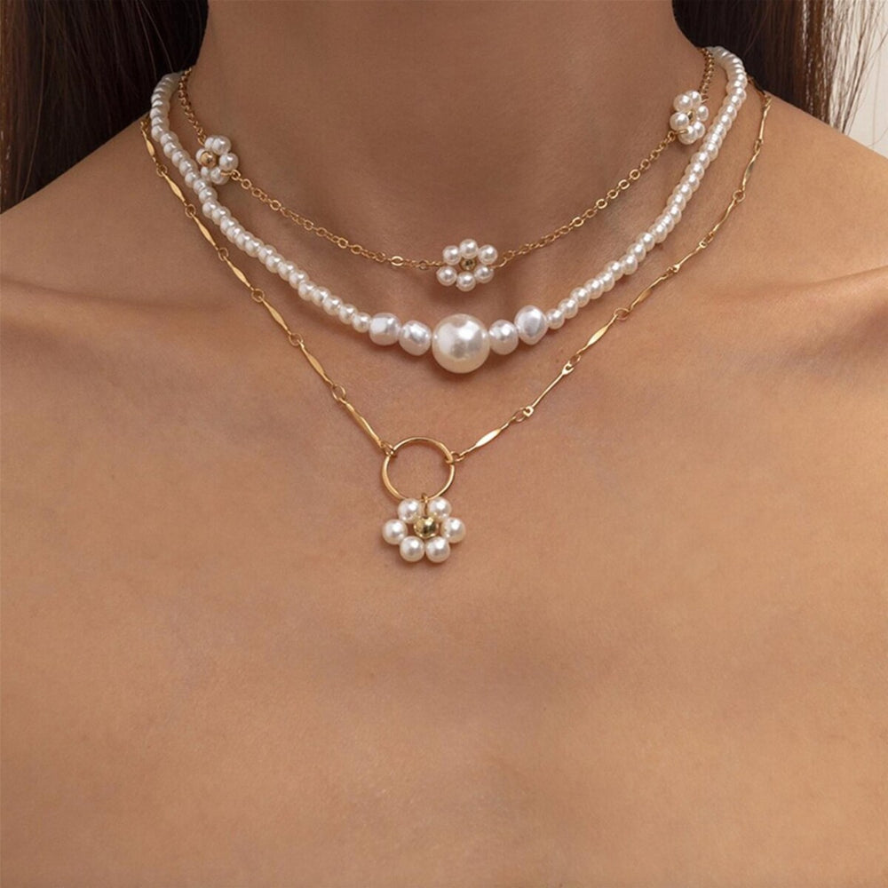 Goldtone Imitation Pearl Floral Layered Necklace - White