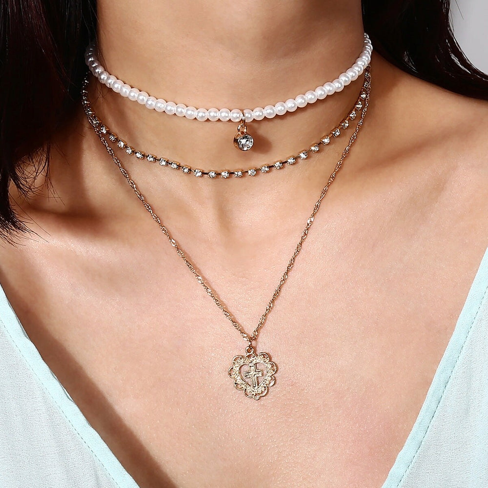 Goldtone Imitation Pearl Heart Cross Layered Necklace - White