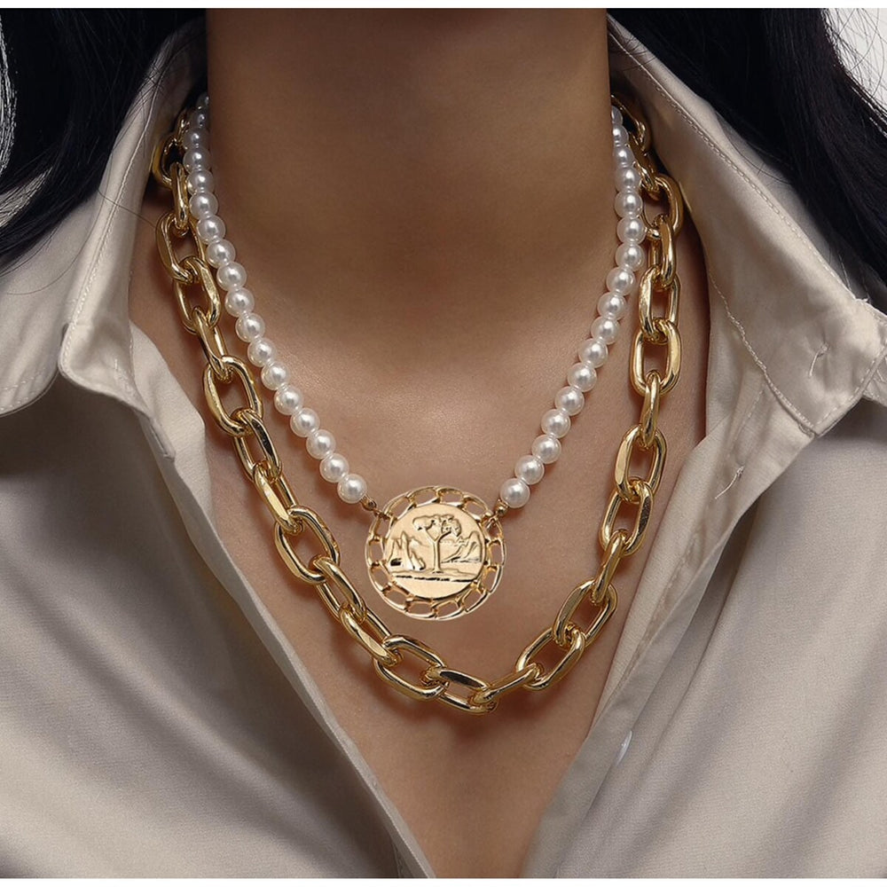 Goldtone Imitation Pearl Layered Necklace With Medallion - White