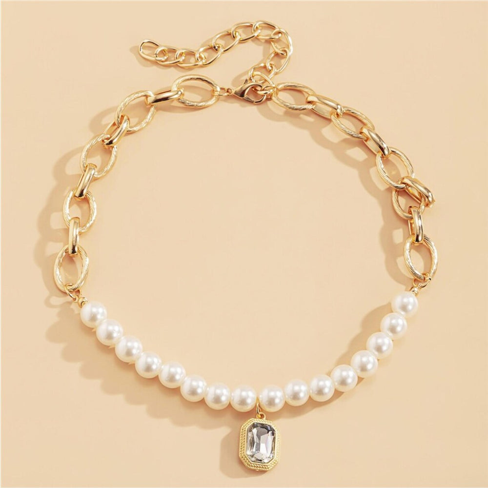 Goldtone Imitation Pearl Necklace With Crystal - White