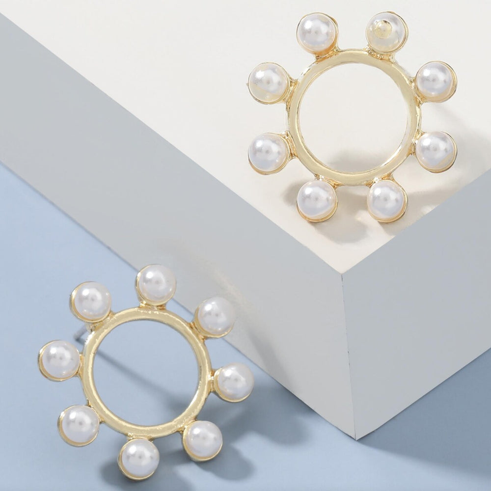 Goldtone Imitation Pearl Open Circle Stud Earrings