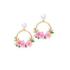 Goldtone Imitation Pearl Pink Floral Hoop Earrings