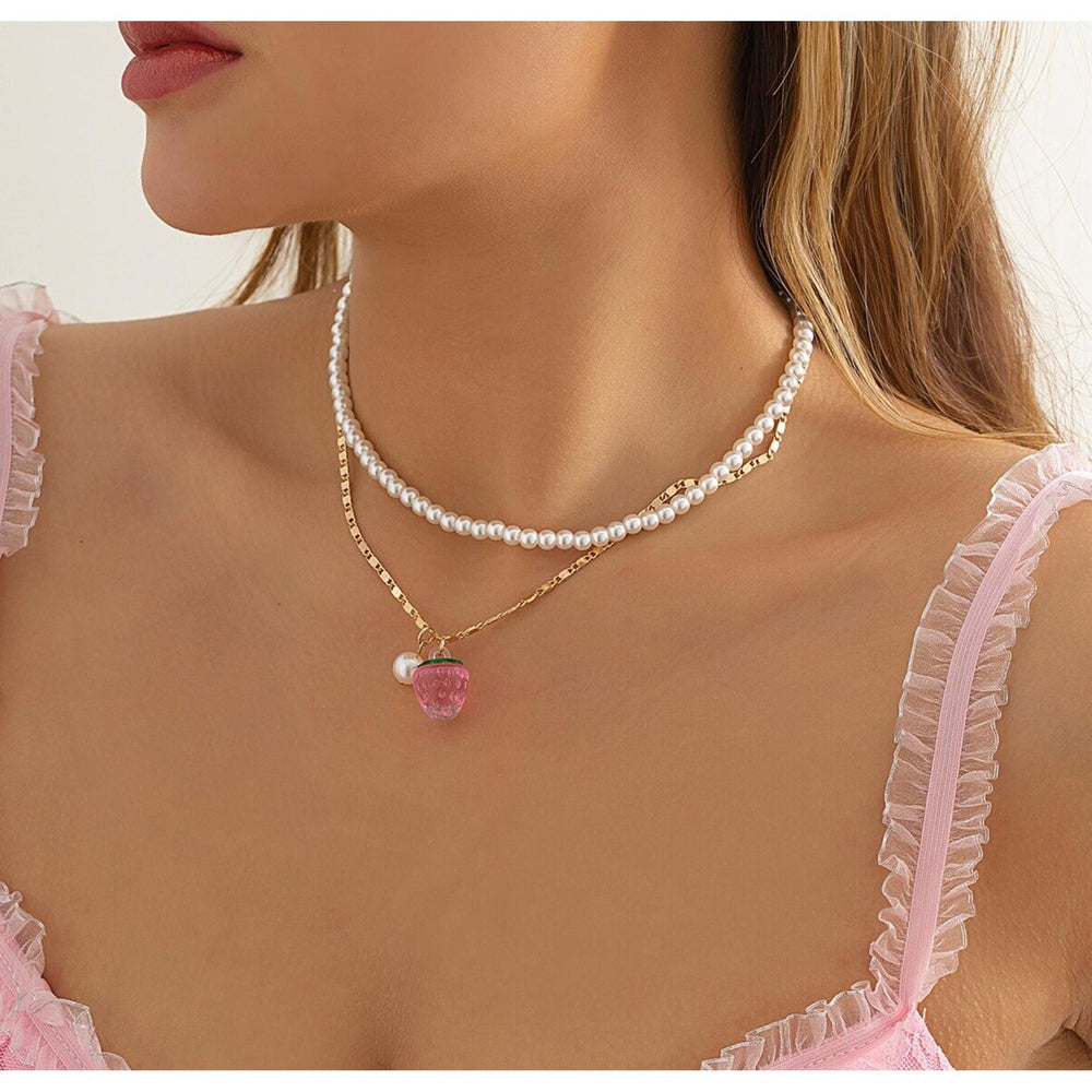 Goldtone Imitation Pearl Pink Strawberry Layered Necklace - White