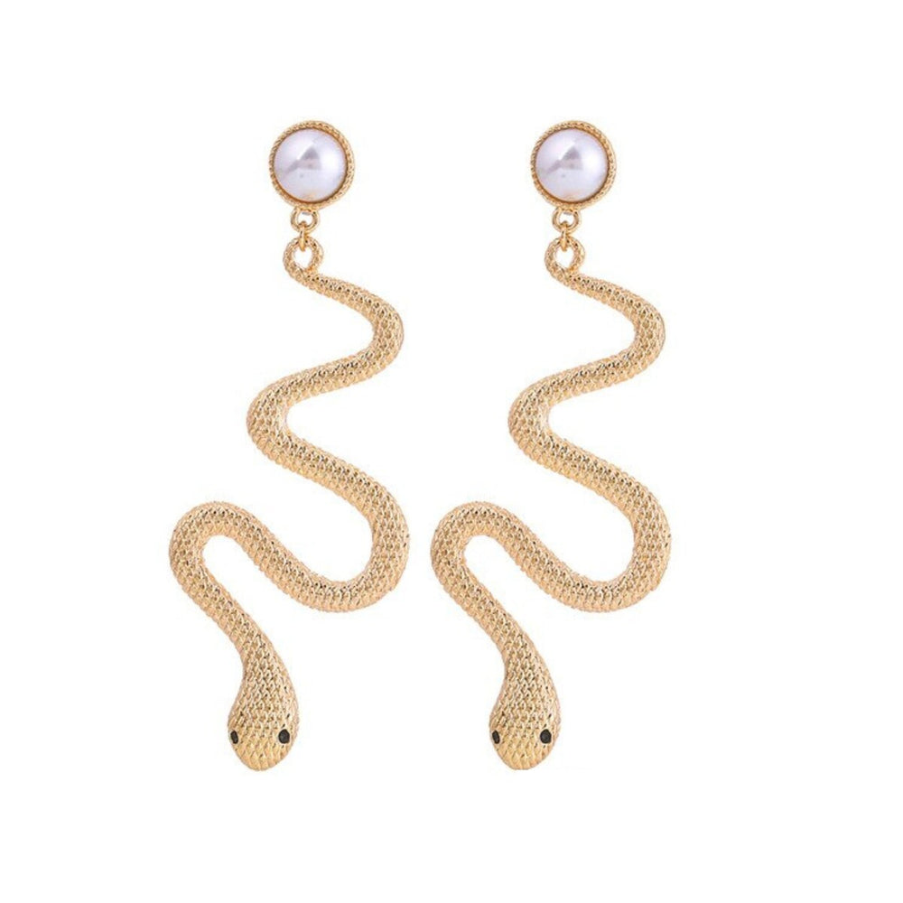 Goldtone Imitation Pearl Snake Drop Earrings