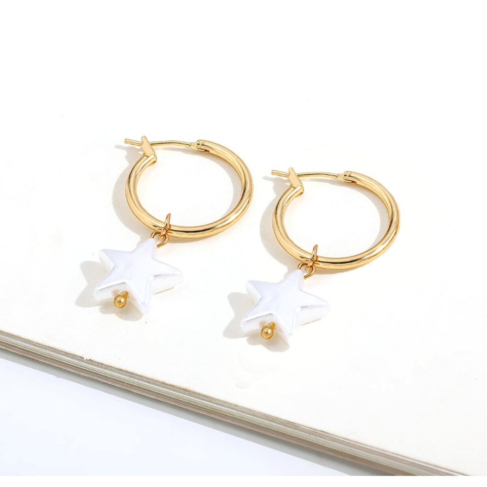 Goldtone Imitation Pearl Star Huggie Hoop Earrings