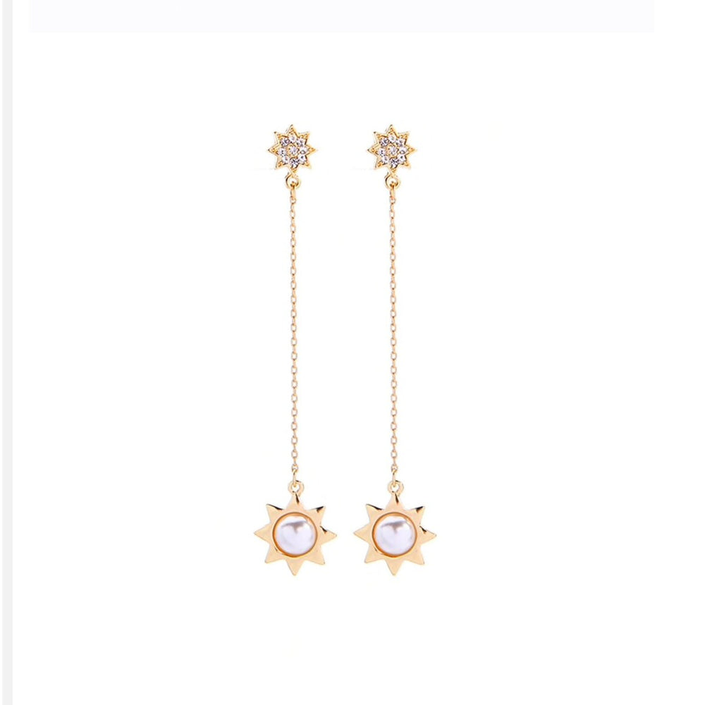 Goldtone Imitation Pearl Sun And Star Chain Drop Earrings