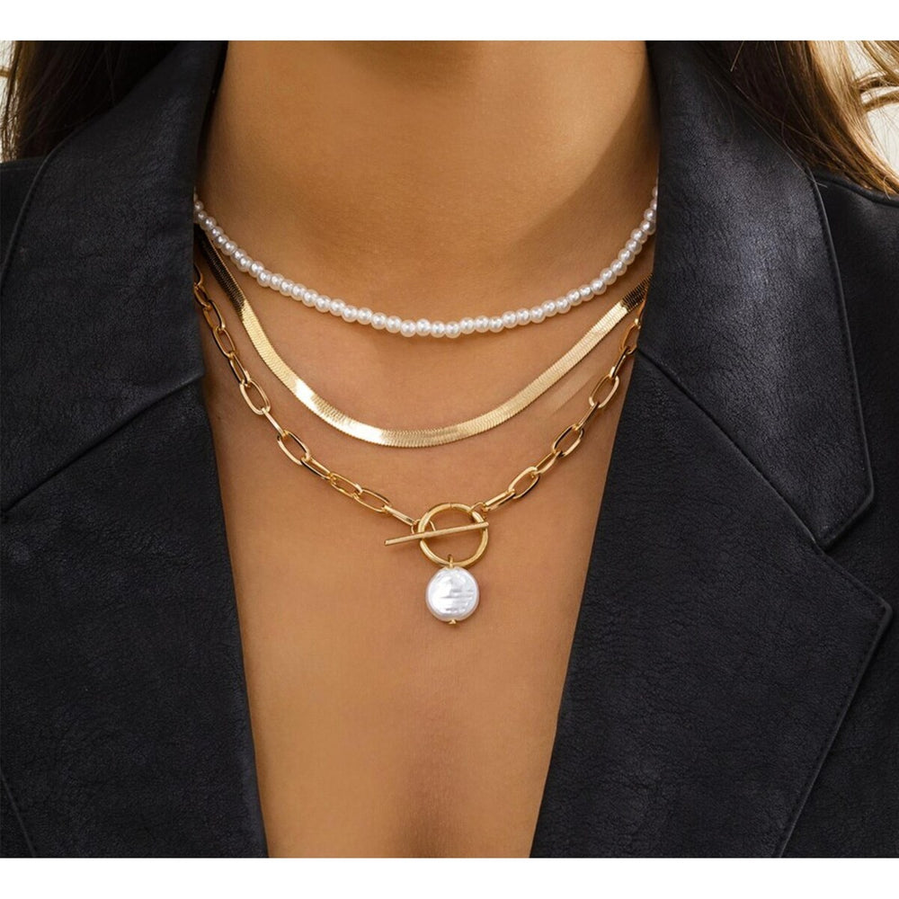 Goldtone Imitation Pearl Toggle Layered Necklace - White