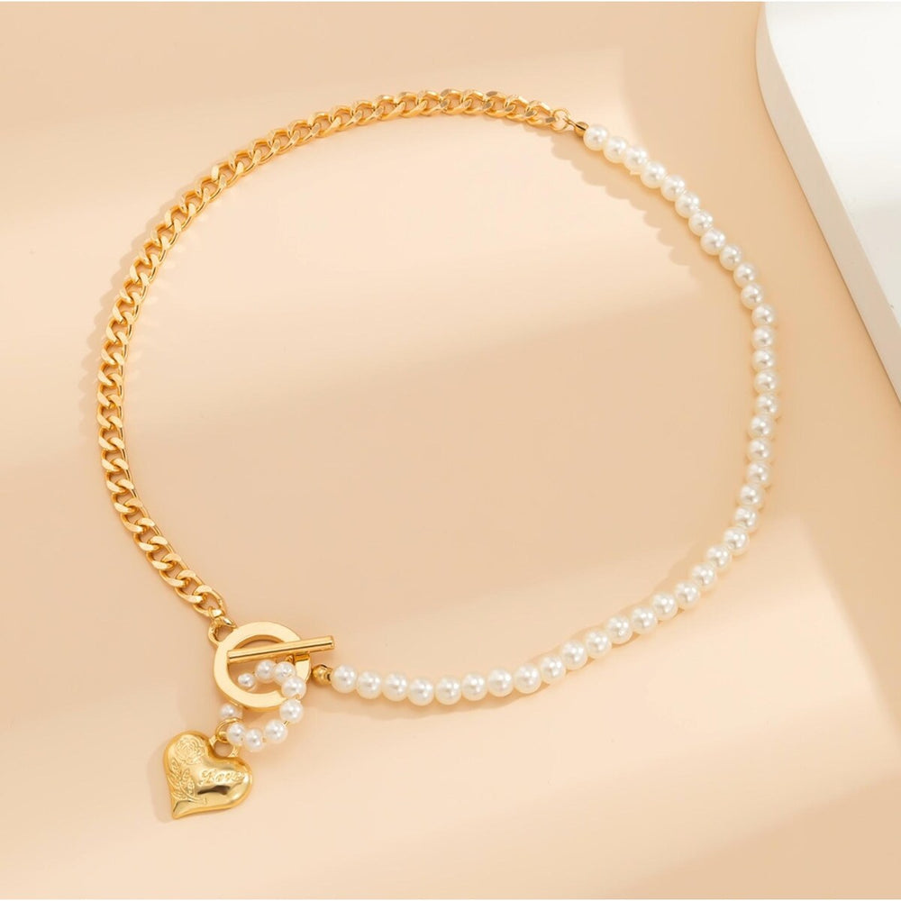 Goldtone Imitation Pearl Toggled Necklace With Heart - White