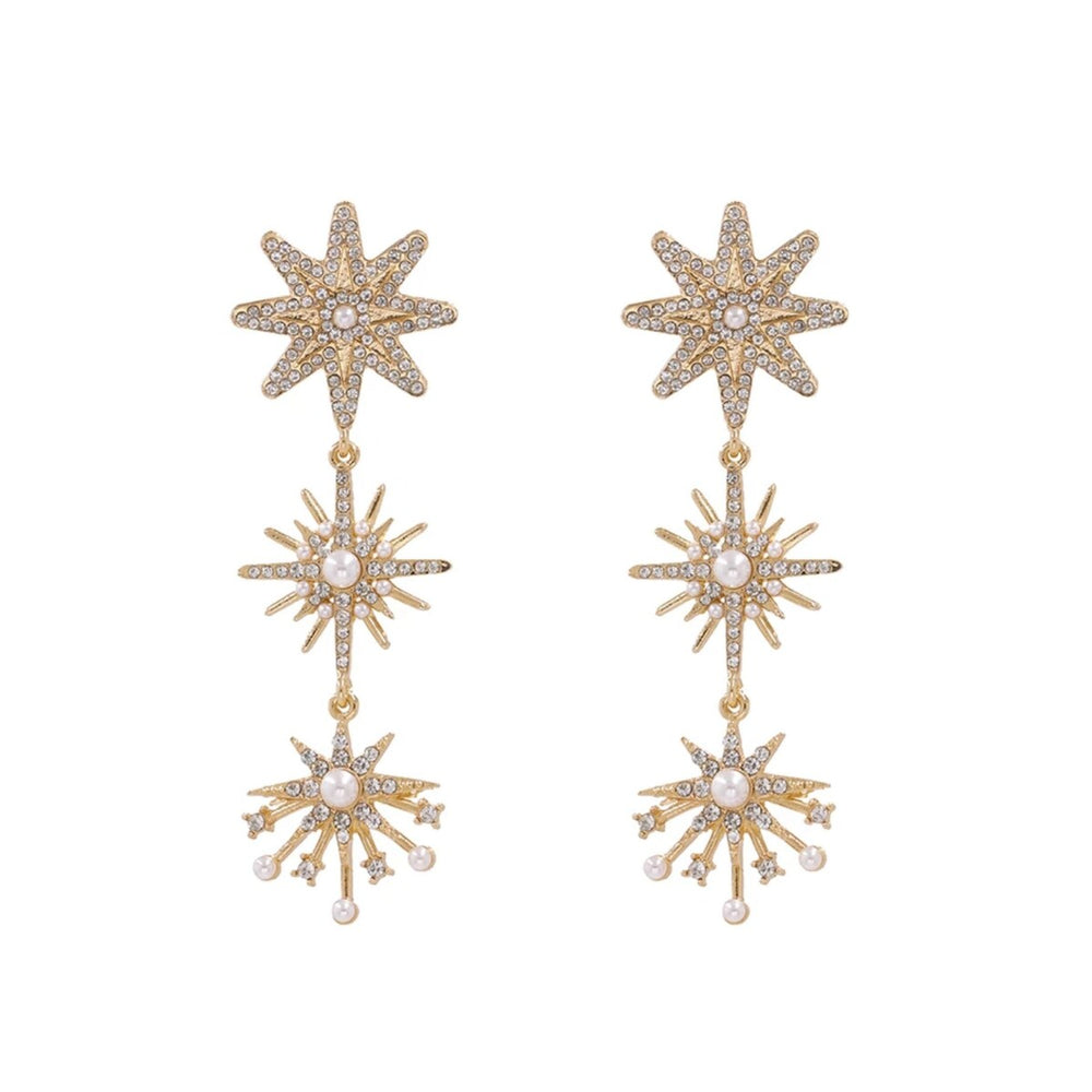 Goldtone Imitation Pearl Triple Starburst Drop Earrings