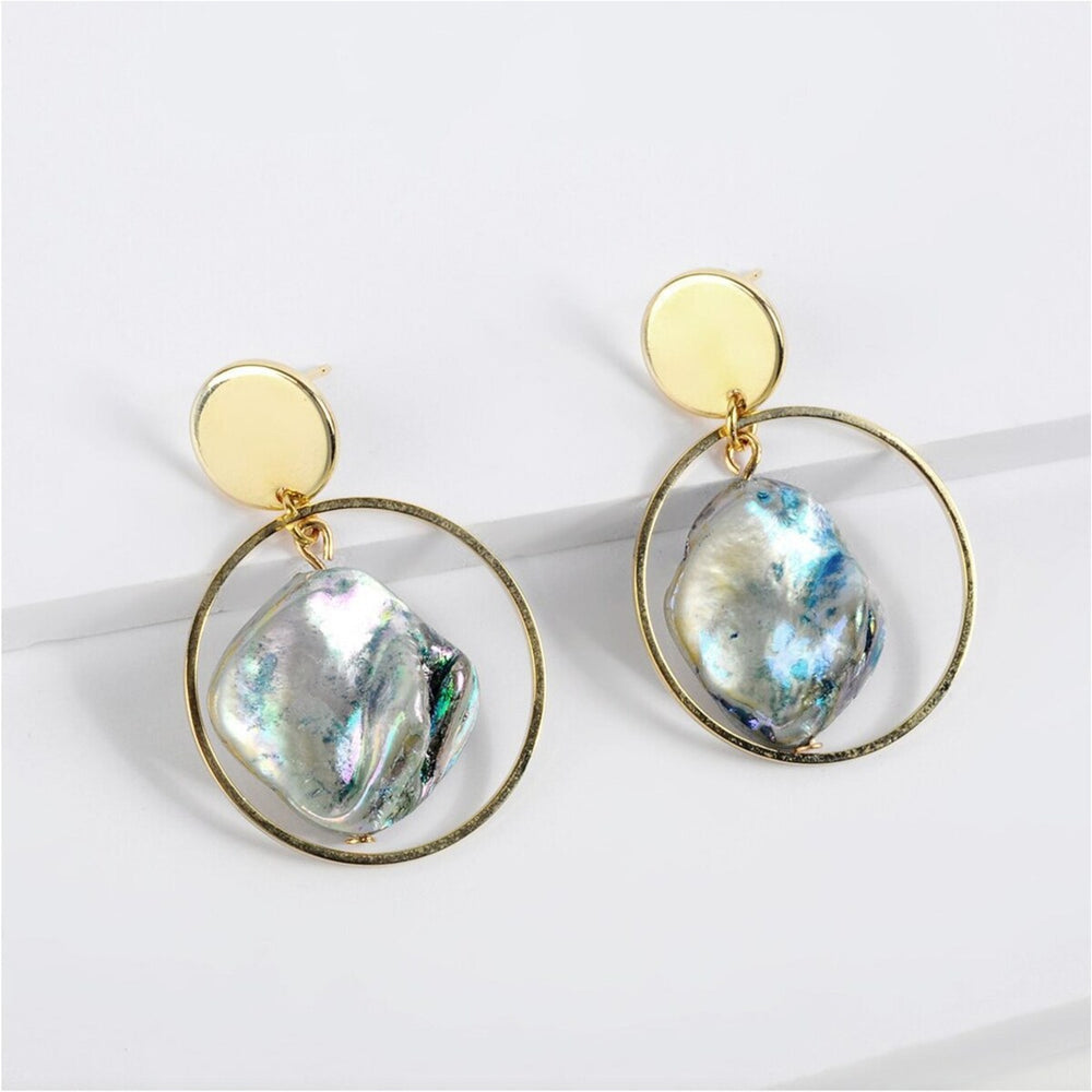 Goldtone Iridescent Imitation Pearl Open Circle Earrings