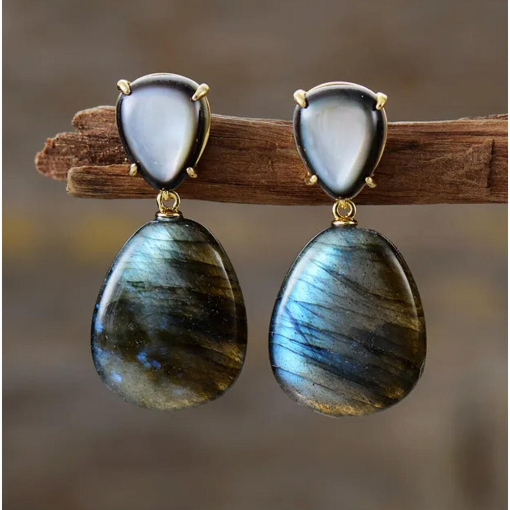 Goldtone Labradorite Teardrop and Oval Drop Earrings