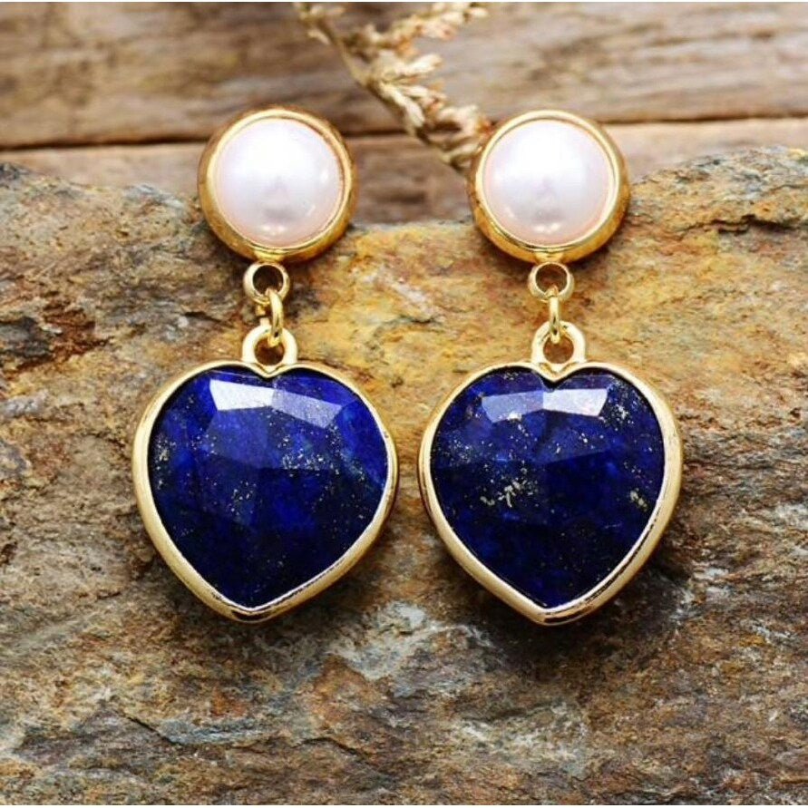 Goldtone Lapis Heart Imitation Pearl Drop Earrings